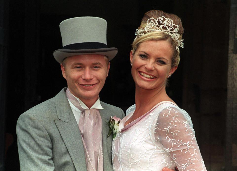 Coronation Street's Maxine (Tracy Shaw) with her on-screen partner Ashley (Steve Arnold) after the filming of their wedding at St.Mary's church, Prestwich, in Manchester.   (Photo by Malcolm Croft - PA Images/PA Images via Getty Images)