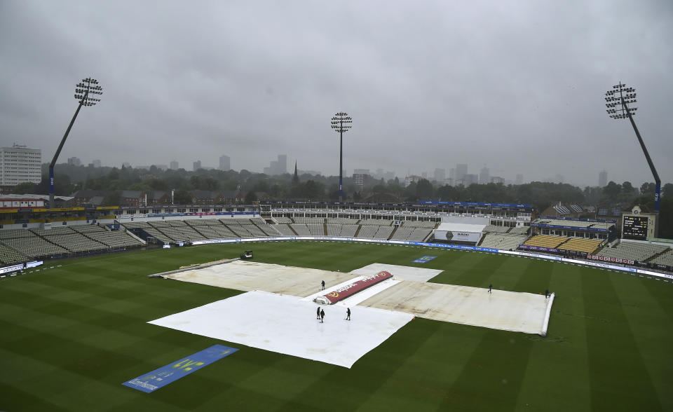 General view of Edgbaston as rain delays play during day five of the first Ashes Test cricket match, at Edgbaston, Birmingham, England, Tuesday, June 20 2023. (AP Photo/Rui Vieira)