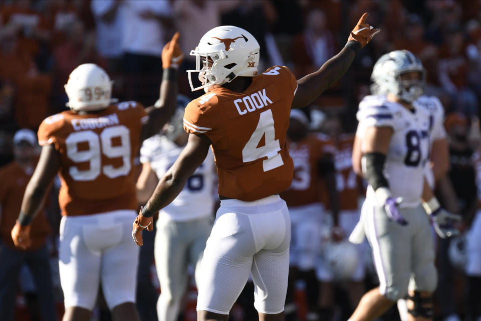 Nov 9, 2019; Austin, TX, USA; Texas Longhorns defensive back Anthony Cook (4) signals for a fumble against the Kansas Jayhawks in the first half at Darrell K Royal-Texas Memorial Stadium. Mandatory Credit: Scott Wachter-USA TODAY Sports