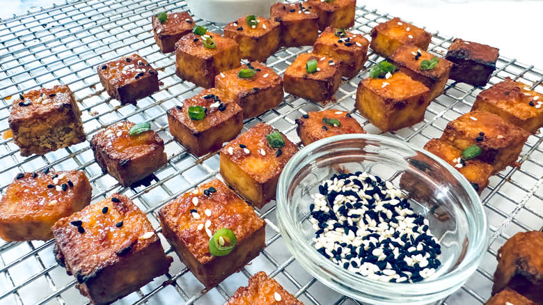 crispy baked tofu on rack