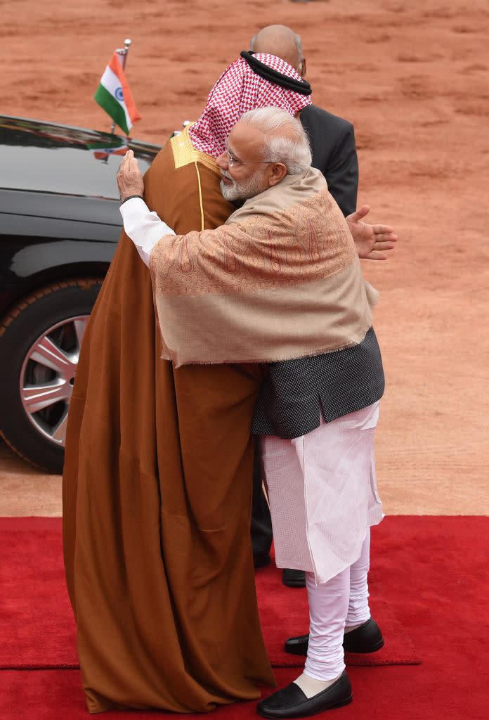 Prime Minister Narendra Modi greets Mohammed Bin Salman Bin Abdulaziz Al-Saud, Crown Prince of Saudi Arabia, during his ceremonial reception on February 20, 2019 in New Delhi, India.<span class="copyright">Raj K Raj/Hindustan Times via Getty Images</span>