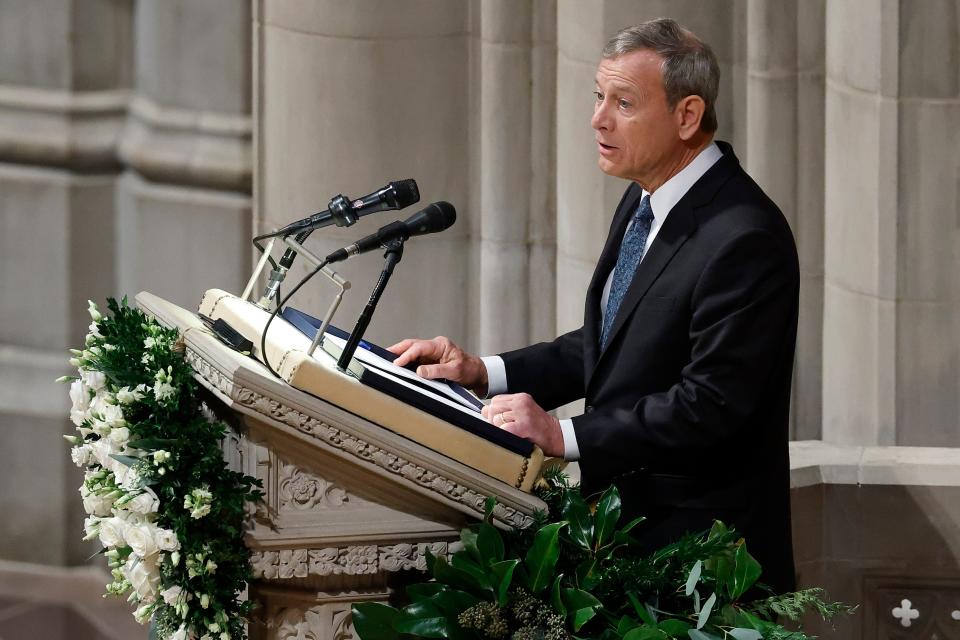 Supreme Court Chief Justice John Roberts delivers a tribute to late retired Supreme Court Justice Sandra Day O'Connor during her funeral at Washington National Cathedral on December 19, 2023 in Washington, DC.