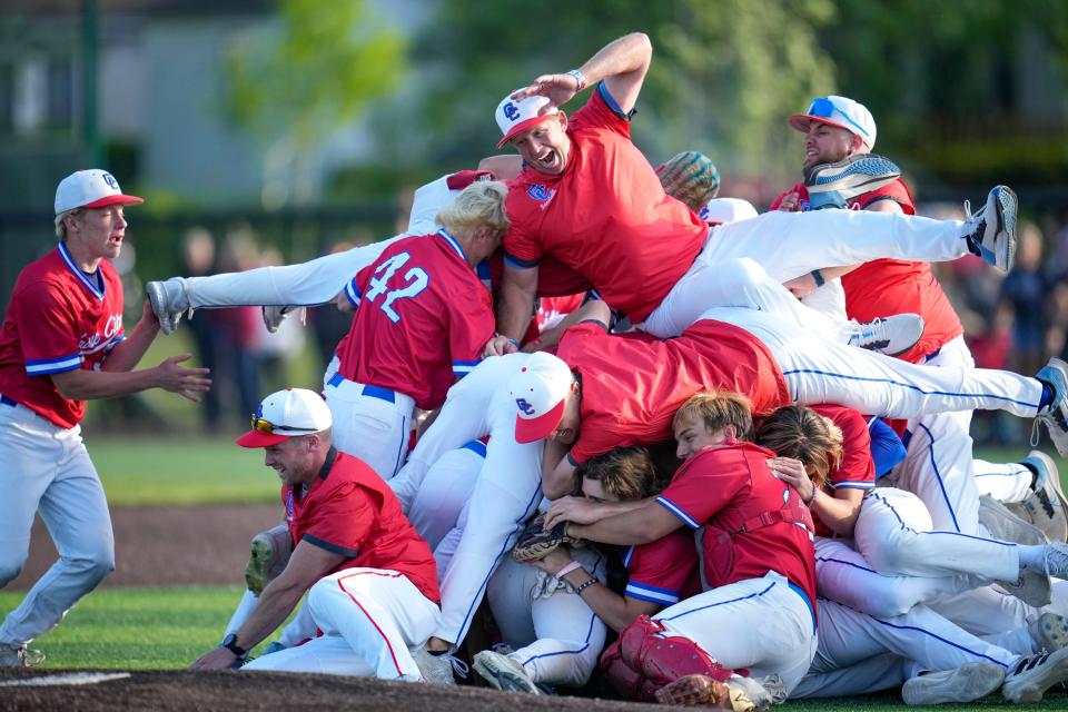 Grove City baseball coach Ryan Alexander, top, dives onto the pile after a 4-3 win over Watterson in a Division I district final last season.