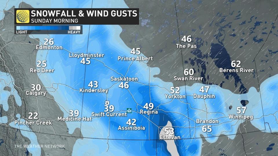 Prairies snow gusts Sunday morning