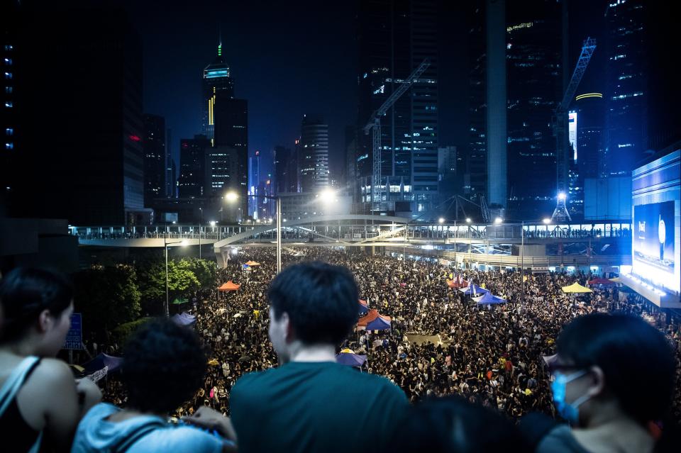 Pro-democracy demonstrators gather for the third night in Hong Kong on September 30, 2014.(PHILIPPE LOPEZ/AFP/Getty Images)