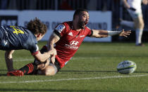 Crusaders Bryn Hall reacts as he loses the ball as he was about to score a try during the Super Rugby Aotearoa rugby game between the Crusaders and the Highlanders in Christchurch, New Zealand, Sunday, Aug. 9, 2020. (AP Photo/Mark Baker)