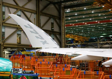 FILE PHOTO: The signature folding wingtip of a 777X aircraft is seen during a media tour of the Boeing 777X at the Boeing production facility in Everett
