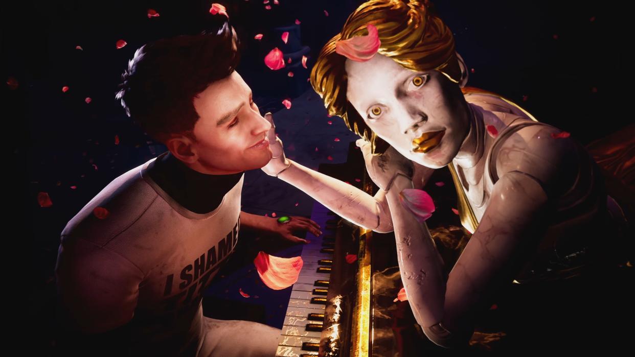  A smitten man plays the piano to an animatronic woman. 