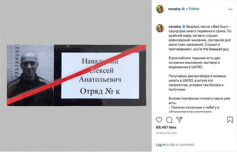 A screenshot of an Instagram post shows an undated photo of Russian opposition politician Alexei Navalny in an unknown location
