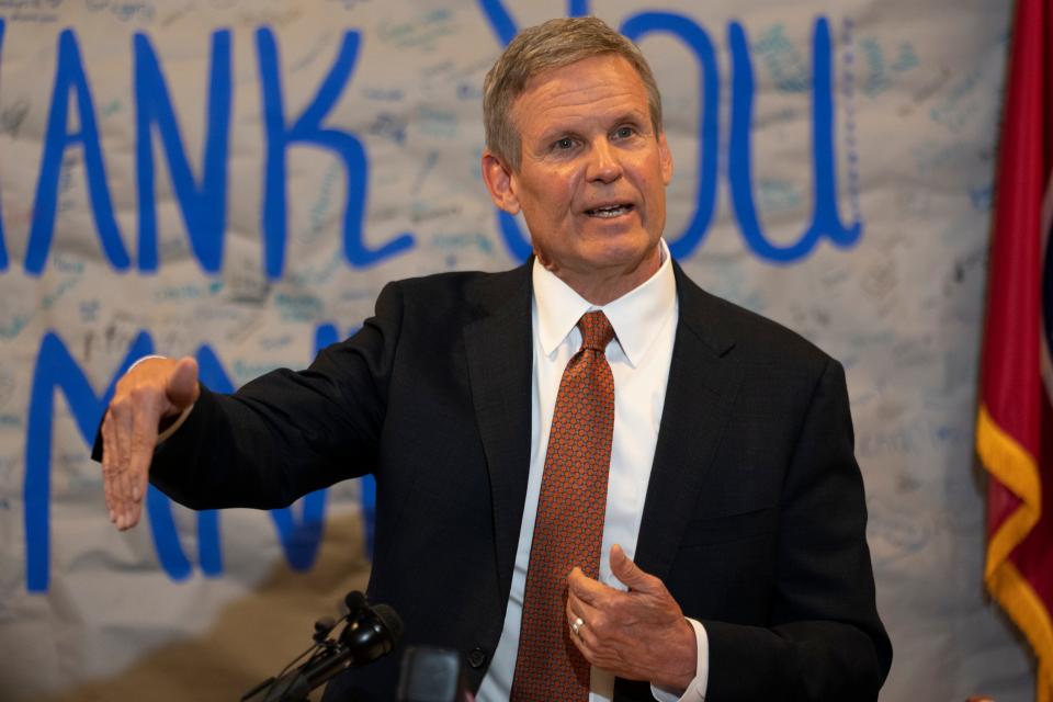 Gov. Bill Lee responds to questions during a news conference Tuesday, April 11, 2023, in Nashville, Tenn. Lee held the news conference to talk about gun control legislation and an executive order to require information for background checks on gun purchases to be updated more rapidly. (AP Photo/George Walker IV)