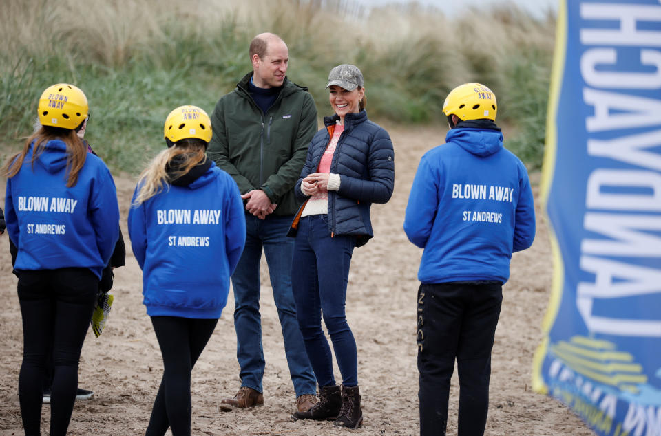 The Duke and Duchess of Cambridge speak with members of Fife Young Carers at St Andrews beach. Picture date: Wednesday May 26, 2021.