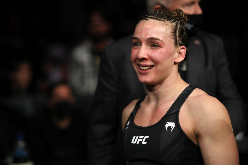 ANAHEIM, CALIFORNIA – JANUARY 22: Vanessa Demopoulos looks on after defeating Silvana Gomez Juarez of Argentina by submission in their strawweight fight during the UFC 270 event at Honda Center on January 22, 2022 in Anaheim, California. (Photo by Katelyn Mulcahy/Getty Images)