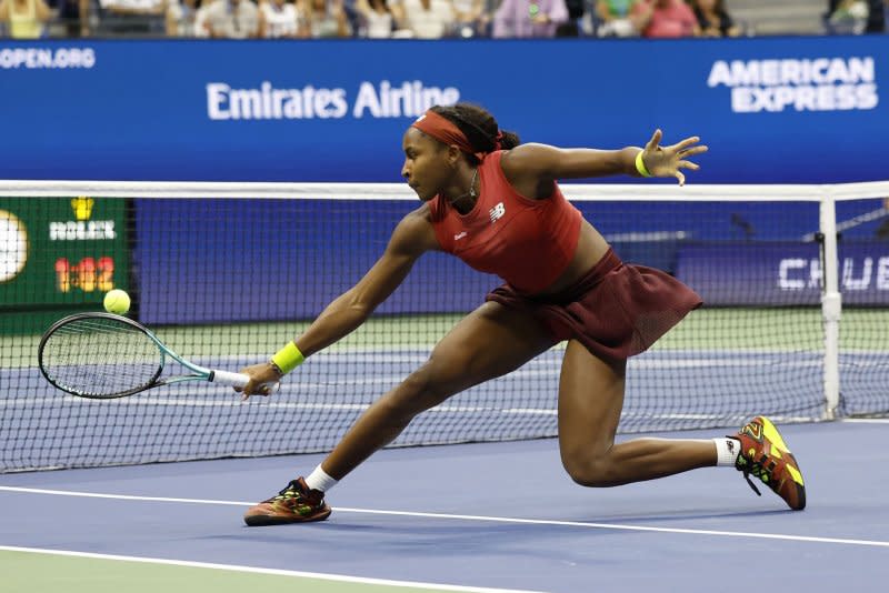 Coco Gauff returns the ball to Aryna Sabalenka of Belarus in the women's singles final of the 2023 U.S. Open on Saturday in Flushing, N.Y. Photo by John Angelillo/UPI