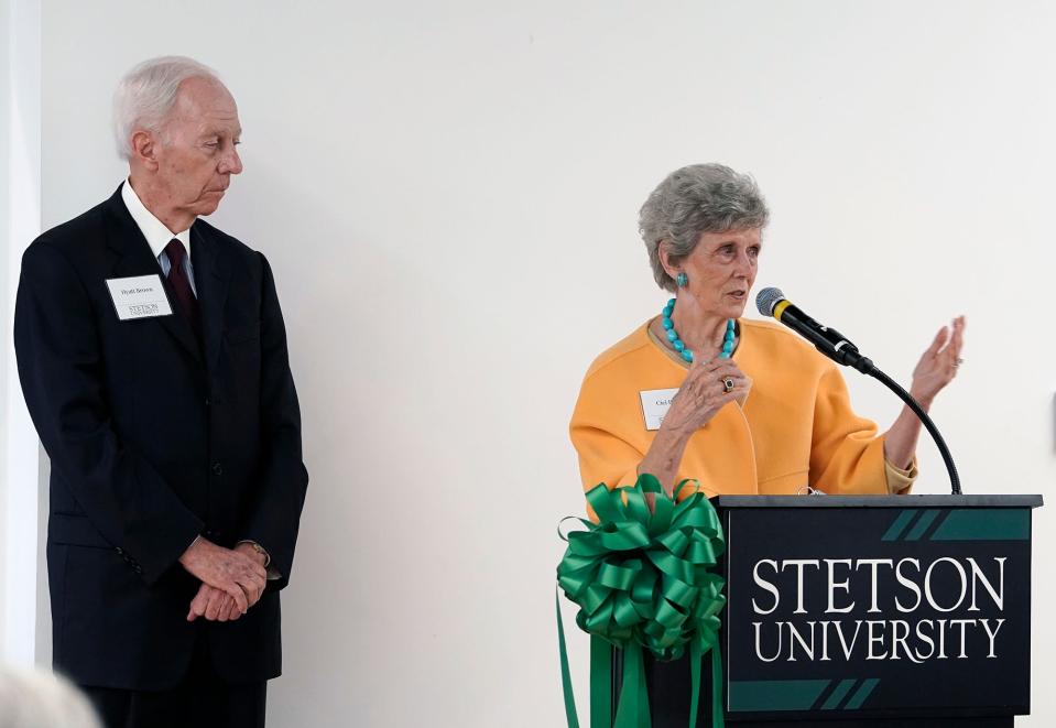 Hyatt and Cici Brown speak during dedication and ribbon-cutting ceremony for the new Brown Hall for Health & Innovation at Stetson University in DeLand, Friday, Oct. 28, 2022.