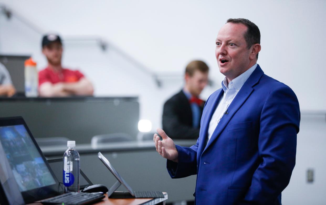 U.S. Rep. Eric Burlison speaks at Glass Hall on the campus of Missouri State on Thursday, April 13, 2023. Burlison was hosted by the Missouri State chapter of Turning Point USA.
