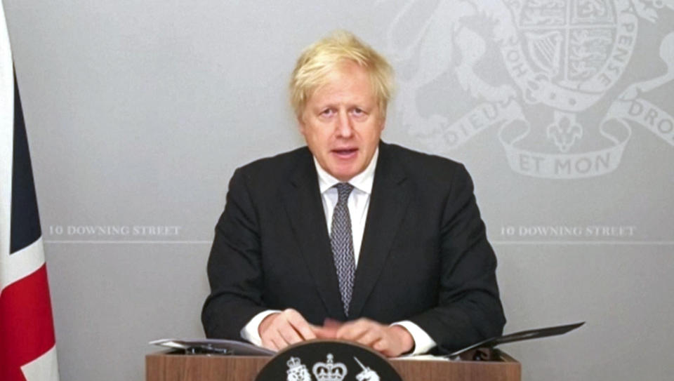 Prime Minister Boris Johnson appears via video link from 10 Downing Street to make a statement to the House of Commons in London, setting out plans for a new three-tier system of controls for coronavirus, which will come into place once lockdown ends in England.