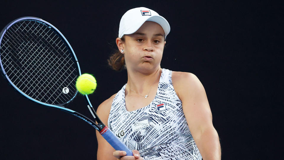 Pictured here, Ash Barty in her first round match at the 2022 Australian Open.