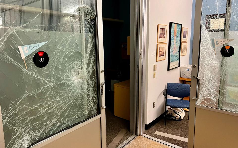 Windows were smashed by protesters