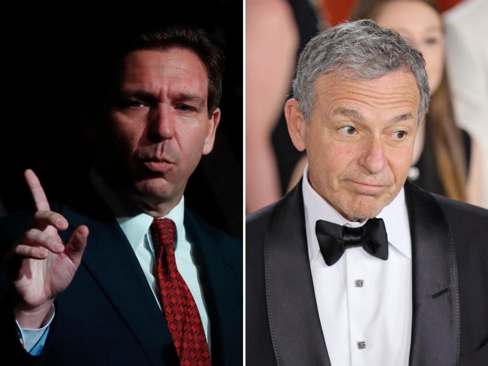 A composite image of Florida Gov. Ron DeSantis wearing a suit with a red tie with his hand raised in a questioning manner and Disney CEO Bob Iger wearing a wearing a tux with a black bowtie.