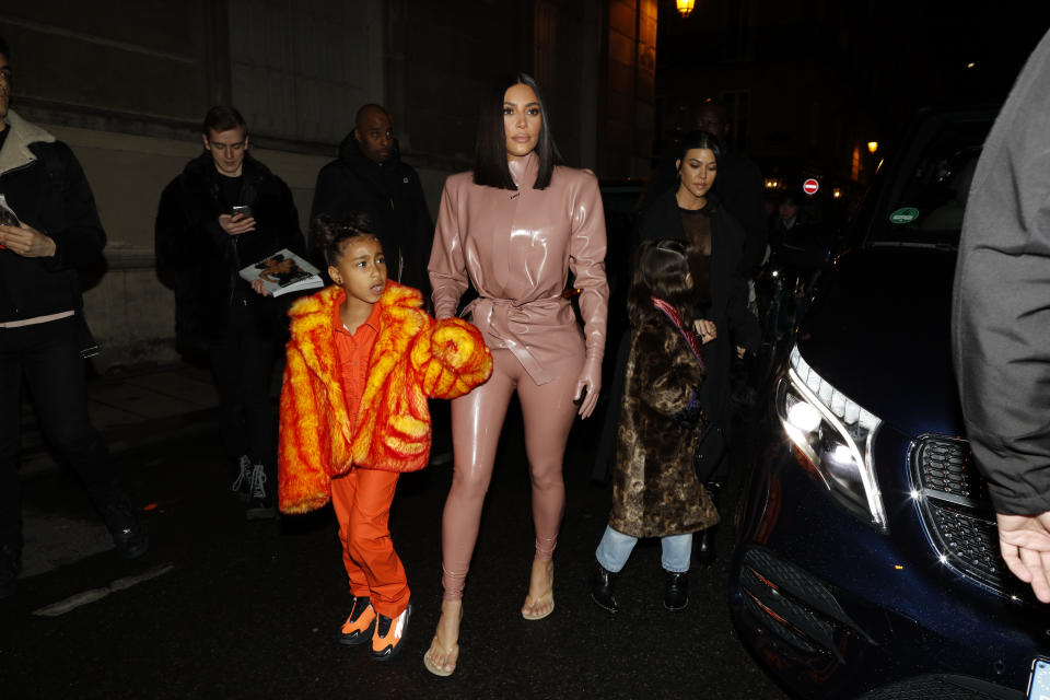 Kourtney Kardashian, daughter Penelope Disick, Kim Kardashian and daughter North West arrive at the Ferdi restaurant on March 01, 2020 in Paris, France. (Photo by Mehdi Taamallah/NurPhoto via Getty Images)