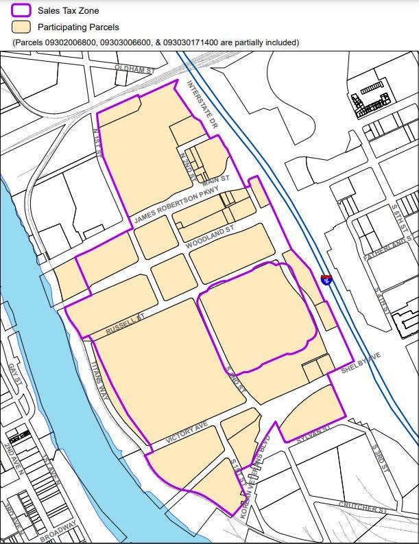 A rendering of the proposed 104.4-acre sales tax zone that would contribute 50% of state and local sales tax toward projects and infrastructure for a new, enclosed Titans stadium.