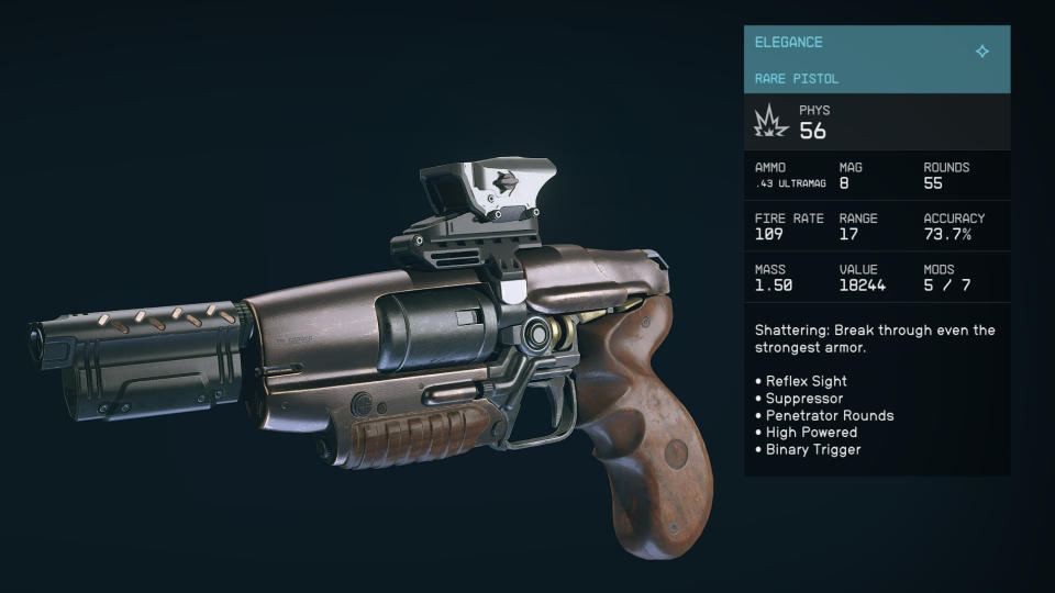 Starfield — the stat readout of a scoped, silenced handgun