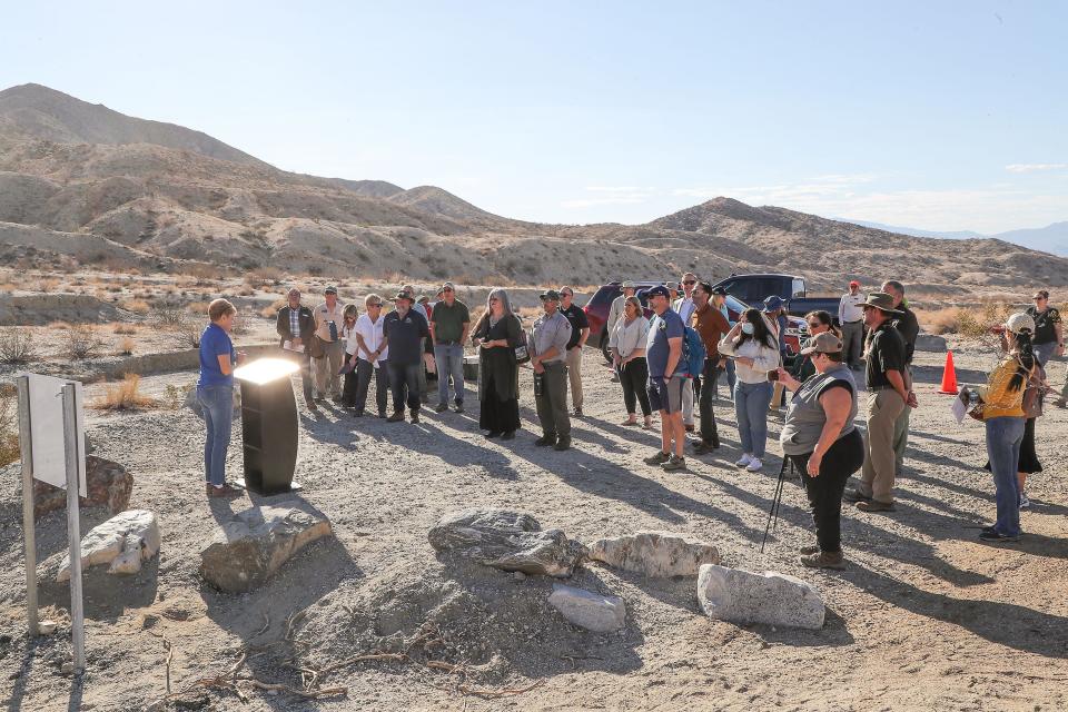 People attend the opening of the Long Canyon Trailhead in Desert Hot Springs, December 3, 2021. 