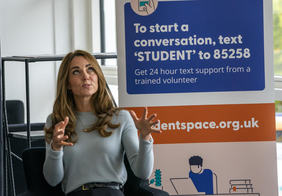 The Duchess of Cambridge during a visit to the University of Derby to meet first-year students and hear how the coronavirus pandemic has affected the start of their undergraduate life and what measures have been put in place on campus to support their mental health, ahead of World Mental Health Day on Saturday October 10.