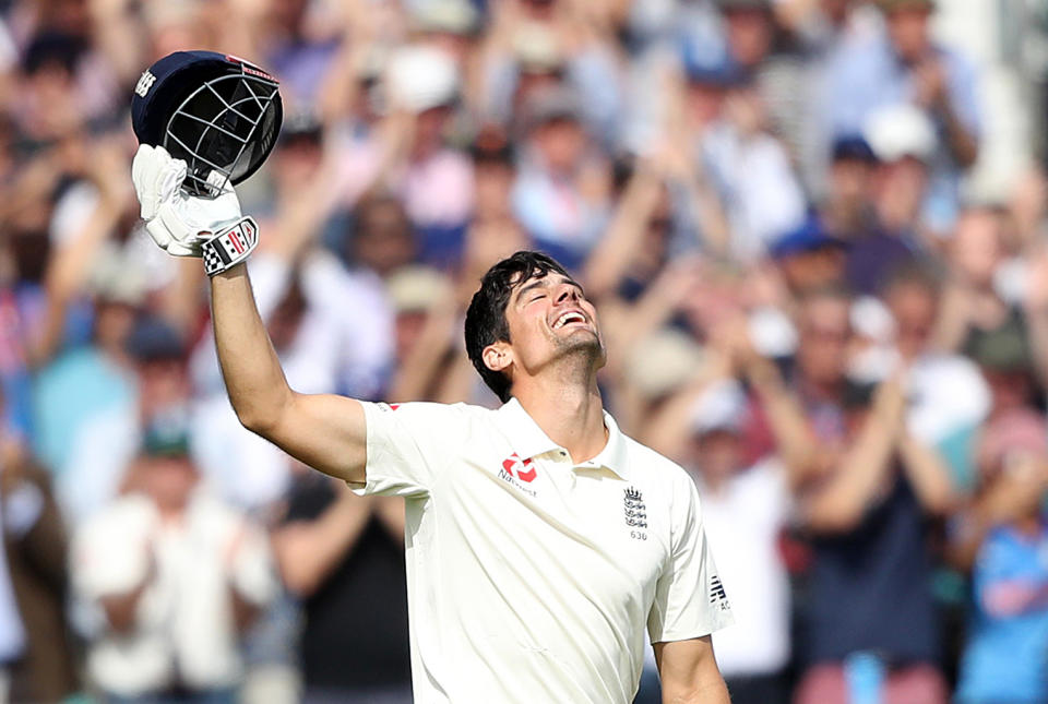 <p>Former England captain Alastair Cook celebrates reaching his 33rd and final Test century. Cook, who announced his retirement prior to the match, became the fifth player to score a ton in his first and last Tests. He made 147 in the second innings as England beat India at The Oval (Adam Davy/PA). </p>