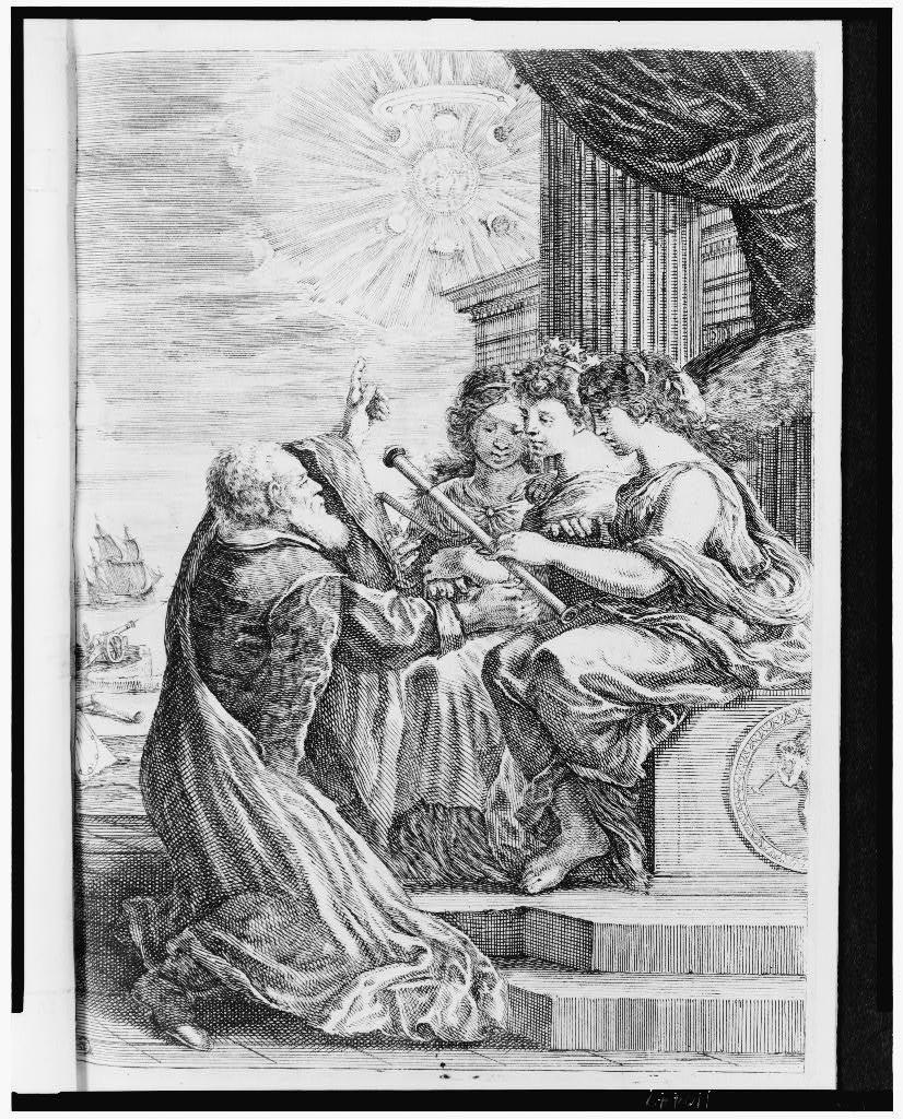 Image Title: “Galileo offering his telescope to three women (possibly Urania and attendants) seated on a throne; he is pointing toward the sky where some of his astronomical discoveries are depicted.” (circa 1655). Image Source: Library of Congress Washington, D.C. 20540 USA Digital ID: <a href="http://hdl.loc.gov/loc.pnp/cph.3c10447" rel="nofollow noopener" target="_blank" data-ylk="slk:http://hdl.loc.gov/loc.pnp/cph.3c10447;elm:context_link;itc:0;sec:content-canvas" class="link ">http://hdl.loc.gov/loc.pnp/cph.3c10447</a>