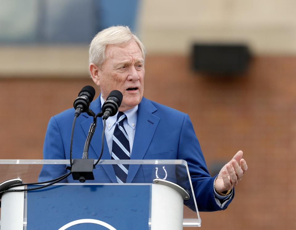 Former Indianapolis Colts president and vice chairman Bill Polian  speaks during the unveiling of a Peyton Manning statue outside of Lucas Oil Stadium, Saturday, Oct. 7, 2017, in Indianapolis. (AP Photo/Darron Cummings) 