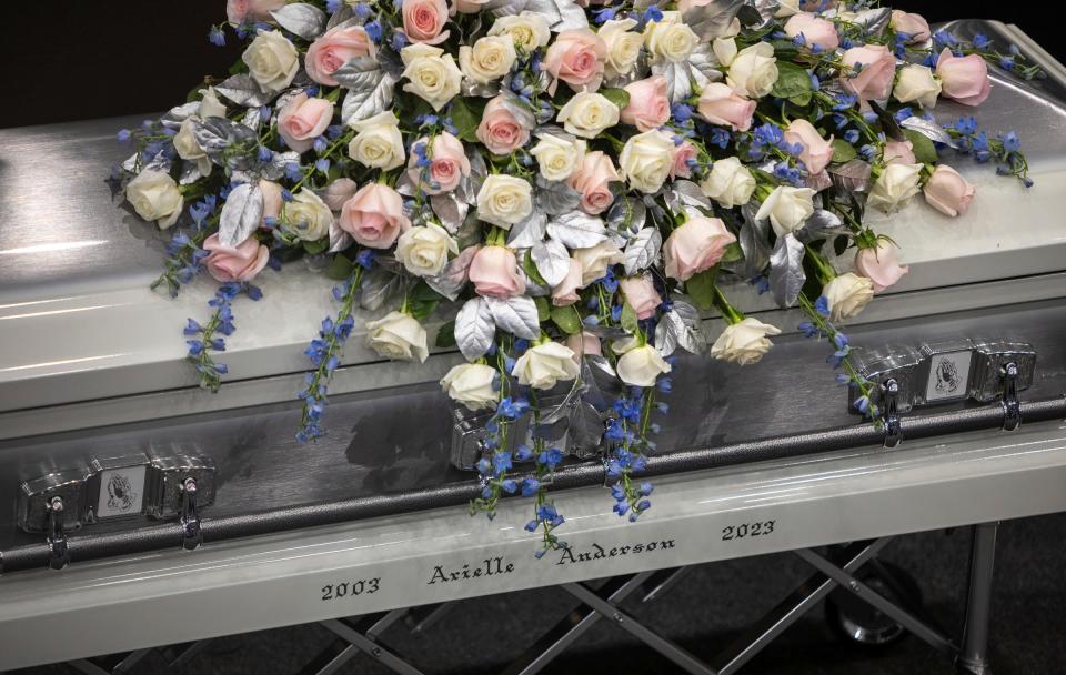Arielle Diamond Anderson's casket sits inside the Zion Hope Baptist Church during Anderson's church service in Detroit on Feb. 21, 2023. Anderson was one of three students killed during a mass shooting at Michigan State University on Feb. 13, 2023.