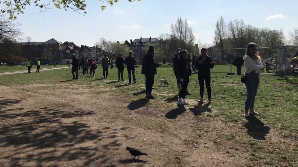 <p>People stand in line for coronavirus surge testing on Clapham Common, south London. Thousands of residents have queued up to take coronavirus tests at additional facilities set up after new cases of the South African variant were found in two south London boroughs. 44 confirmed cases of the variant have been found in Lambeth and Wandsworth, with a further 30 probable cases identified. Picture date: Wednesday April 14, 2021.</p>
