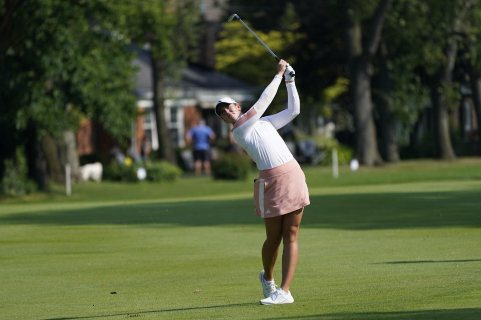 Linn Grant of Sweden hits her approach shot onto the 16th green during the second round of the Dana Open golf tournament at Highland Meadows Golf Club, Friday, July 14, 2023, in Sylvania, Ohio. (AP Photo/Carlos Osorio)