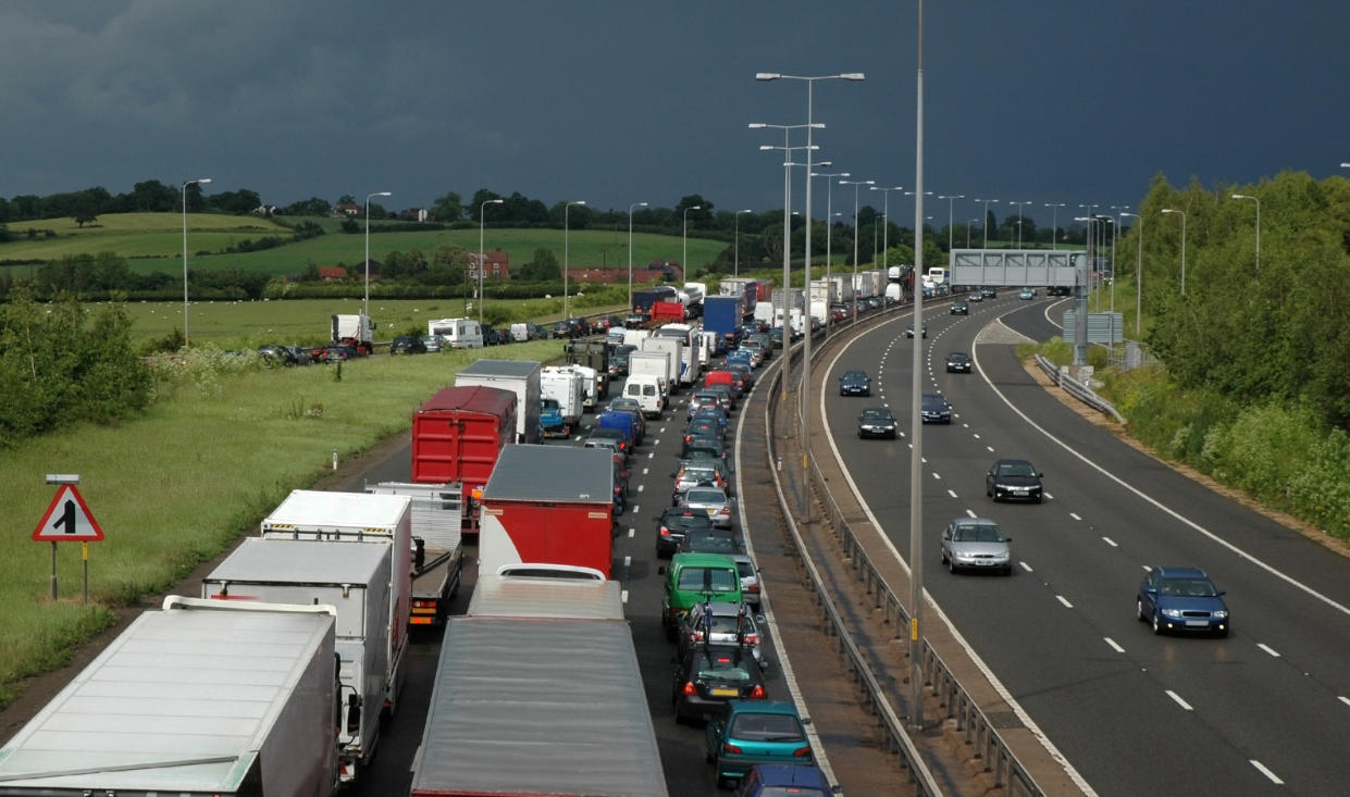 A traffic jam caused by an accident in stormy weather on a British motorway - M5.