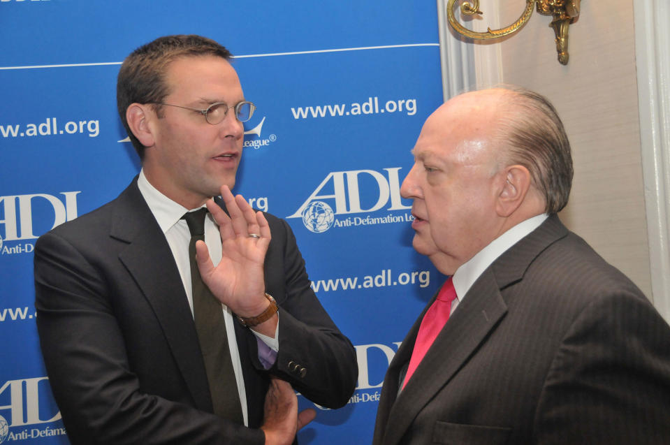 <p>James Murdoch, left, and Roger Ailes at an Anti-Defamation dinner that honored Rupert Murdoch on Oct. 13, 2010, at the Waldorf Astoria Hotel in New York. (Photo: Tim Boxer/Getty Images) </p>