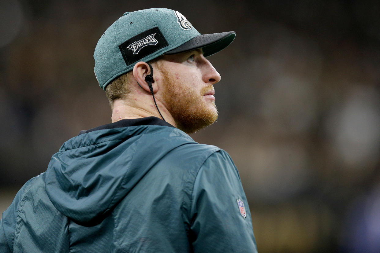 NEW ORLEANS, LOUISIANA - JANUARY 13: Carson Wentz #11 of the Philadelphia Eagles looks on during the fourth quarter against the New Orleans Saints in the NFC Divisional Playoff Game at Mercedes Benz Superdome on January 13, 2019 in New Orleans, Louisiana. (Photo by Jonathan Bachman/Getty Images)