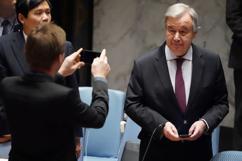 Secretary General of UN Guterres poses for a photo before a Security Council meeting about the situation in Syria at UN Headquarters in New York City