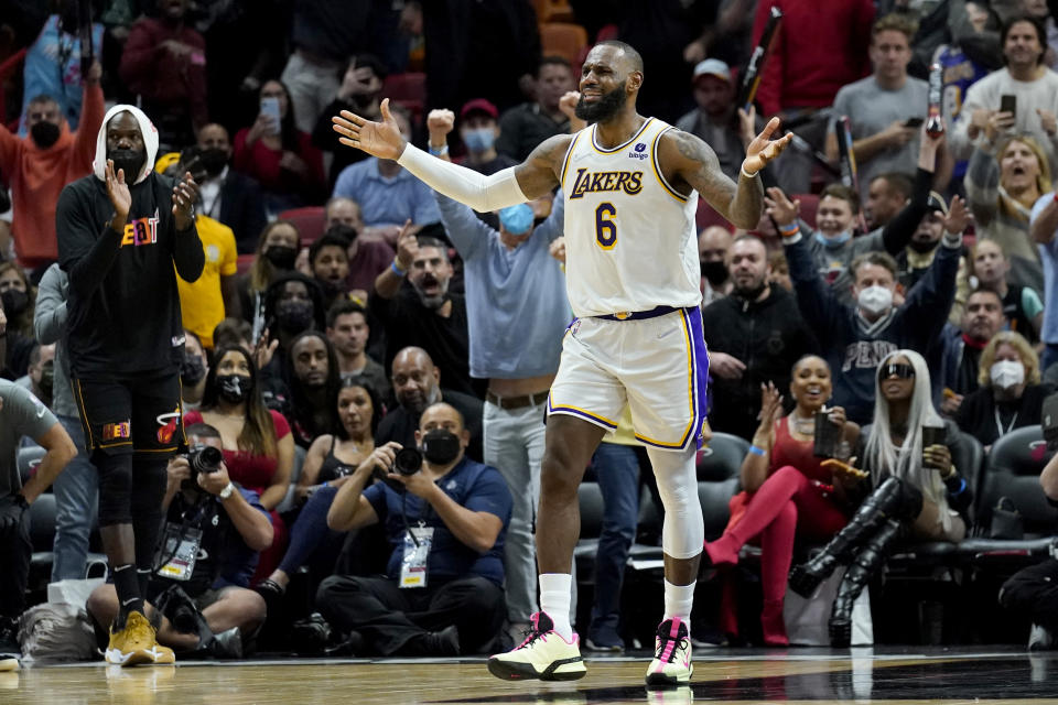 Los Angeles Lakers forward LeBron James (6) reacts to a call during the second half of an NBA basketball game against the Miami Heat, Sunday, Jan. 23, 2022, in Miami. Miami won 113-107. (AP Photo/Lynne Sladky)