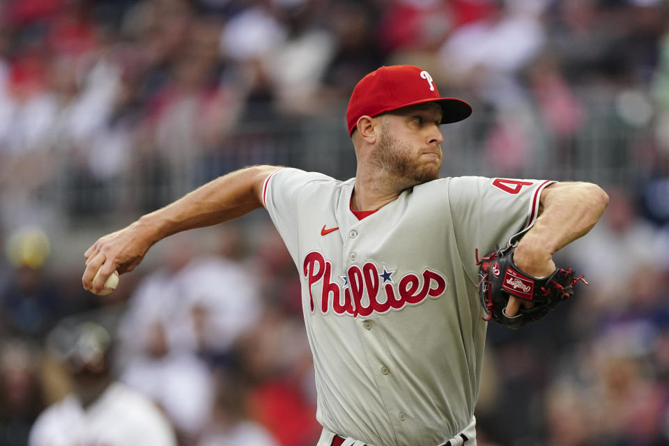 Philadelphia Phillies starting pitch Zack Wheeler delivers to an Atlanta Braves batter in the first inning of a baseball game Monday, May 23, 2022, in Atlanta. (AP Photo/John Bazemore)