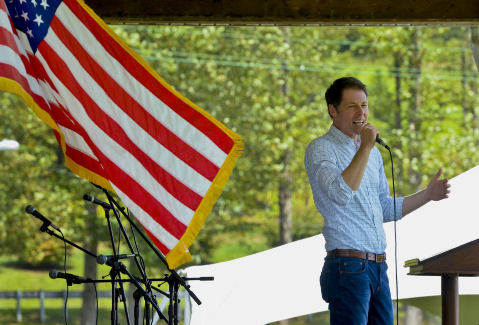 FILE - In this Sept. 2, 2019, file photo, Stephen Smith, running for governor of West Virginia in 2020, speaks at the UMWA Labor Day Picnic in Racine, W.Va. Before the coronavirus upended the world, West Virginia Gov. Jim Justice was in trouble. Members of his own party rebelled against him. Federal prosecutors investigated him. Embarrassing lawsuits loomed. But now some argue the the Republican governor has been able to use his daily virus news conferences to stabilize before the primary elections, and drown out competitors whose campaigns have been drastically hamstrung by the pandemic. (Kenny Kemp/Charleston Gazette-Mail via AP, File)