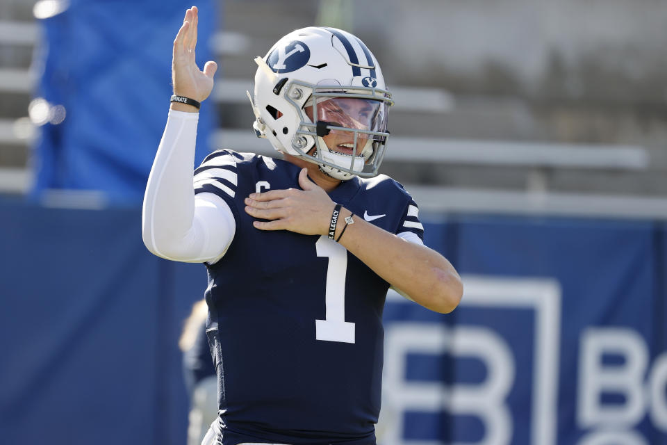 BYU QB Zach Wilson has been one of the fastest risers in the 2021 NFL draft picture. (AP Photo/Jeff Swinger, Pool)