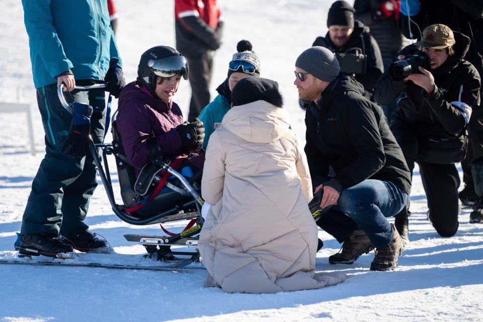 Cold calling: the Sussexes meet with sit-ski athlete Rosa Sanchez Bermudez (AP)