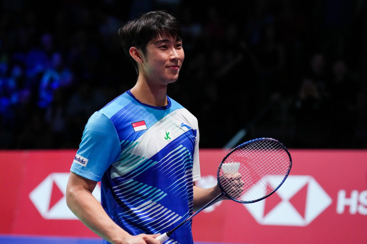 Singapore shuttler Loh Kean Yew smiles after beating world No.1 Viktor Axelsen at the Denmark Open in October 2022.