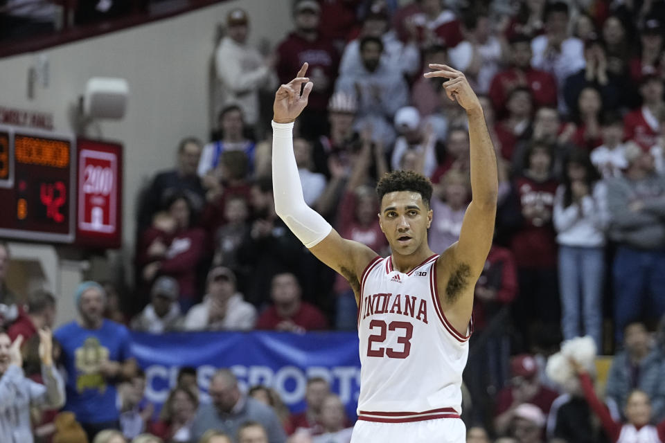 Indiana's Trayce Jackson-Davis celebrates during the second half of an NCAA college basketball game against Wisconsin, Saturday, Jan. 14, 2023, in Bloomington, Ind. (AP Photo/Darron Cummings)