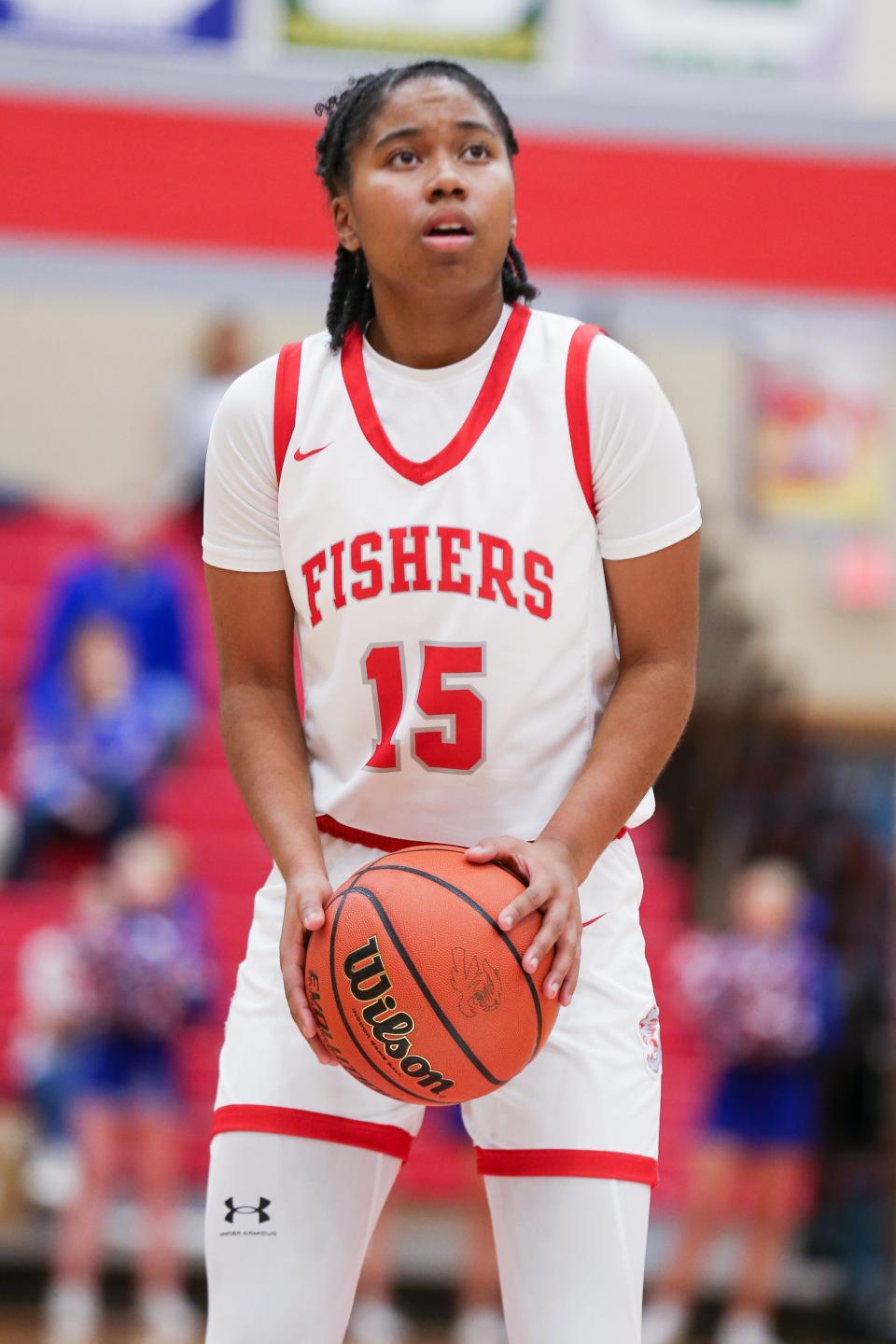 Fisher's Talia Harris (15) at the free throw lineduring Fishers vs Hamilton Southeastern high school in Mudsock girls basketball held Dec 16, 2023; Fishers, IN, USA; at Fishers High School.