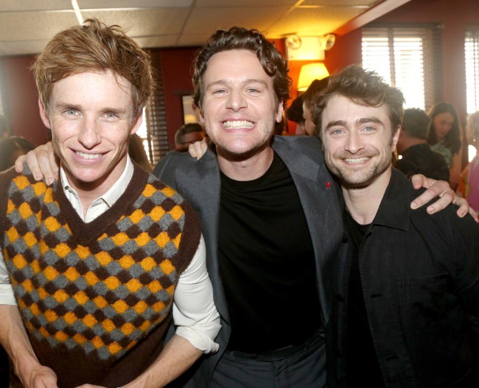 Eddie Redmayne (left) joined Daniel Radcliffe (right) in celebrating Jonathan Groff’s Sardi’s caricature unveiling. Bruce Glikas/Getty Images