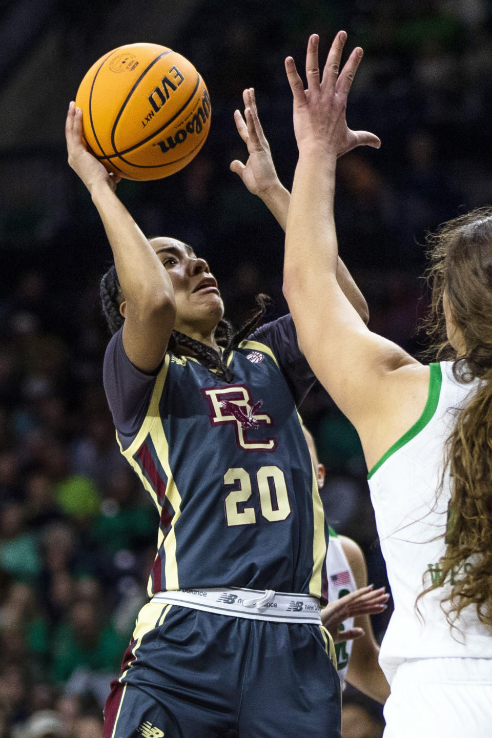 Boston College's Taina Mair (20) shoots during the second half of an NCAA college basketball game against Notre Dame, Sunday, Jan. 1, 2023 in South Bend, Ind. (AP Photo/Michael Caterina)