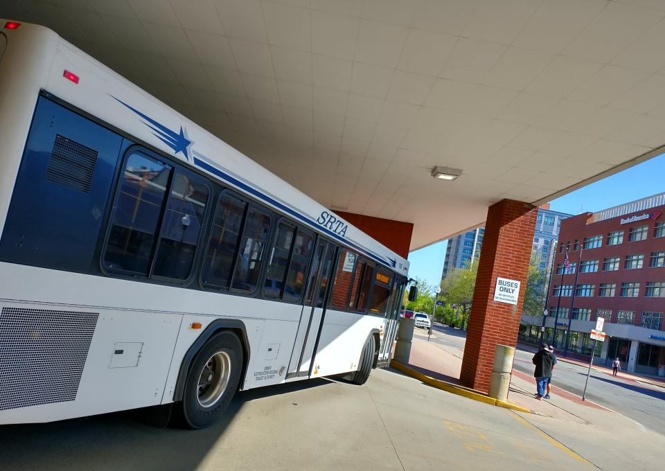 A SRTA bus is parked at the Pettine Transportation Center in Fall River.