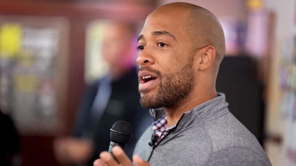 Mandela Barnes, the Democratic candidate for U.S. Senate in Wisconsin, speaks to guests during a campaign stop at the Aris Sports Bar on Oct. 12, 2022, in West Allis, Wisconsin. (Photo: Scott Olson/Getty Images)